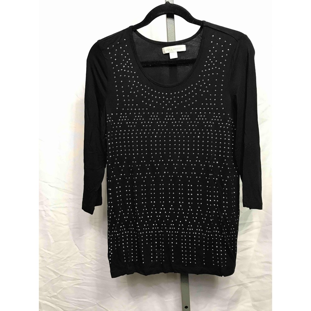 Laura Ashely Black Long Sleeve Studded Scoop Neck Top Womens